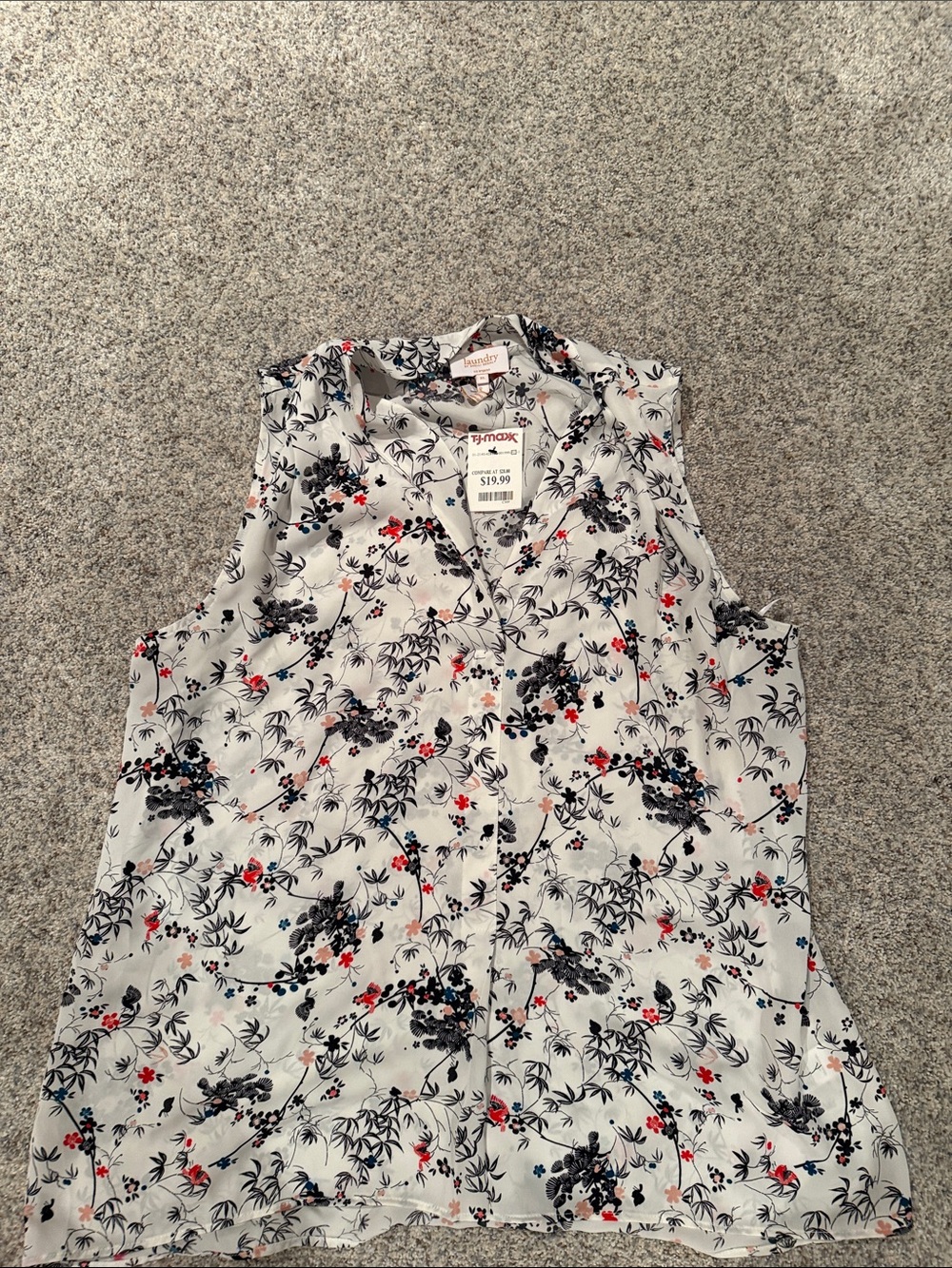 Sleeveless Floral Button-Front Top - White with Navy & Red